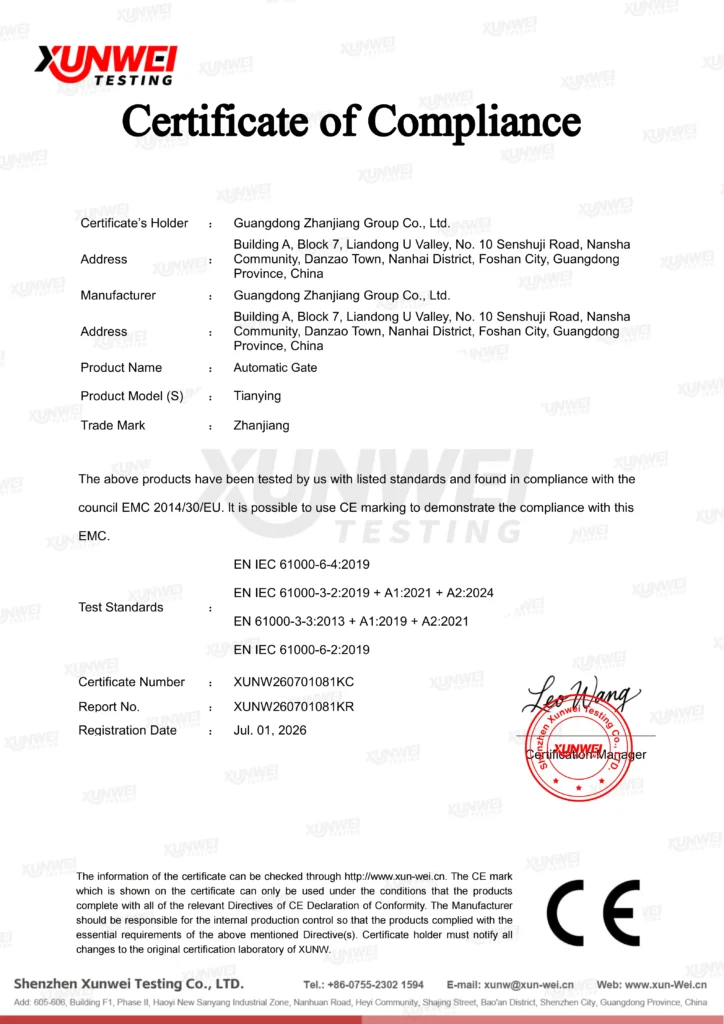 Automatic Gate CE EMC Certificate of Compliance, EMC Directive 2014/30/EU