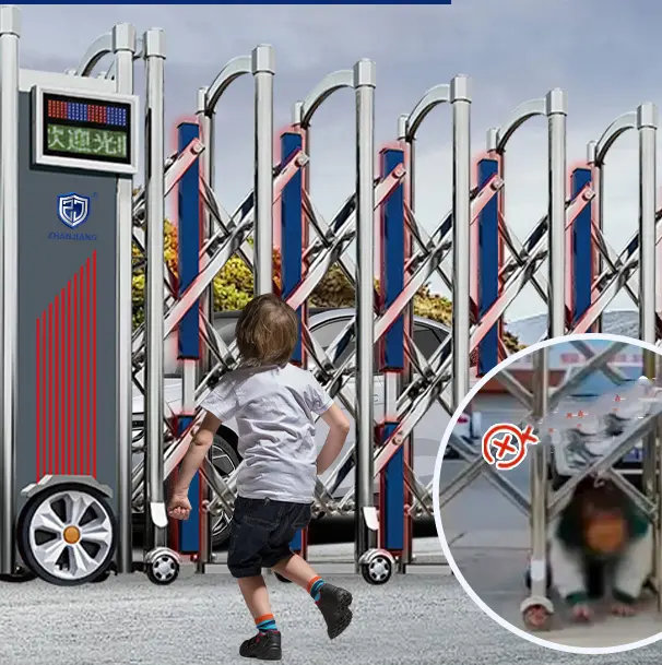 automatic retractable access gate anti-climbing anti-crawl structure, dense scissor framework prevents crawling under and climbing over, safety security gate for factory, school and community