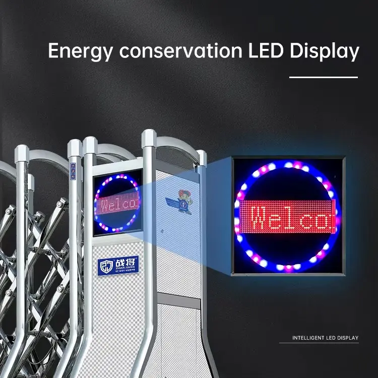 Zhanjiang stainless steel automatic retractable gate equipped with energy conservation intelligent LED display screen, customizable welcome text LED marquee for factory entrance security gate