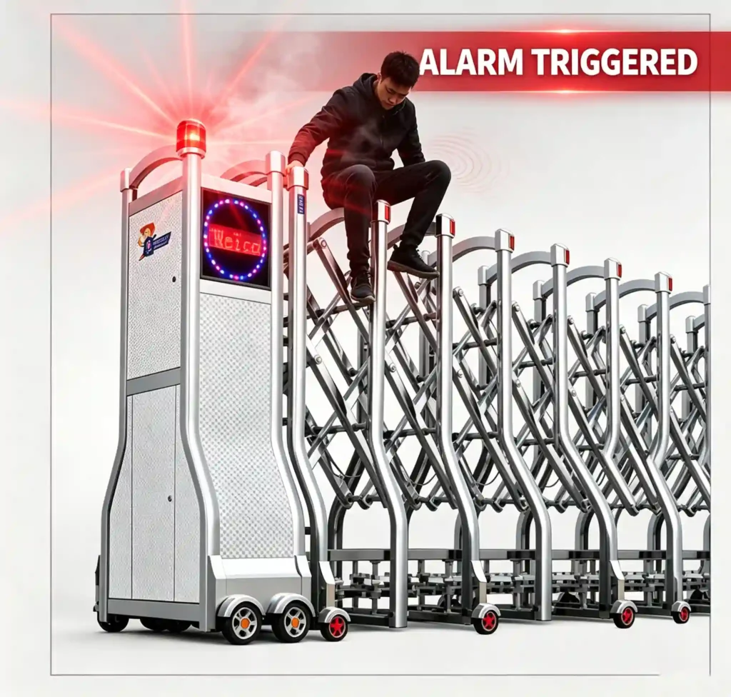 Anti‑climbing alarm function for stainless steel retractable gate, intruder climbing triggers warning alarm